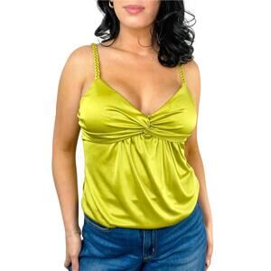 Y2k Iz Byer Lime Green Satin V-Neck Babydoll Tank Top Braided Straps Size Medium